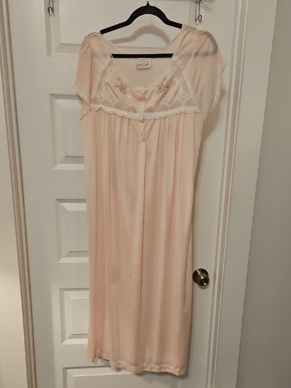 PINK Lace-Trim Nightgown with Embroidered  BUTTONED Yoke